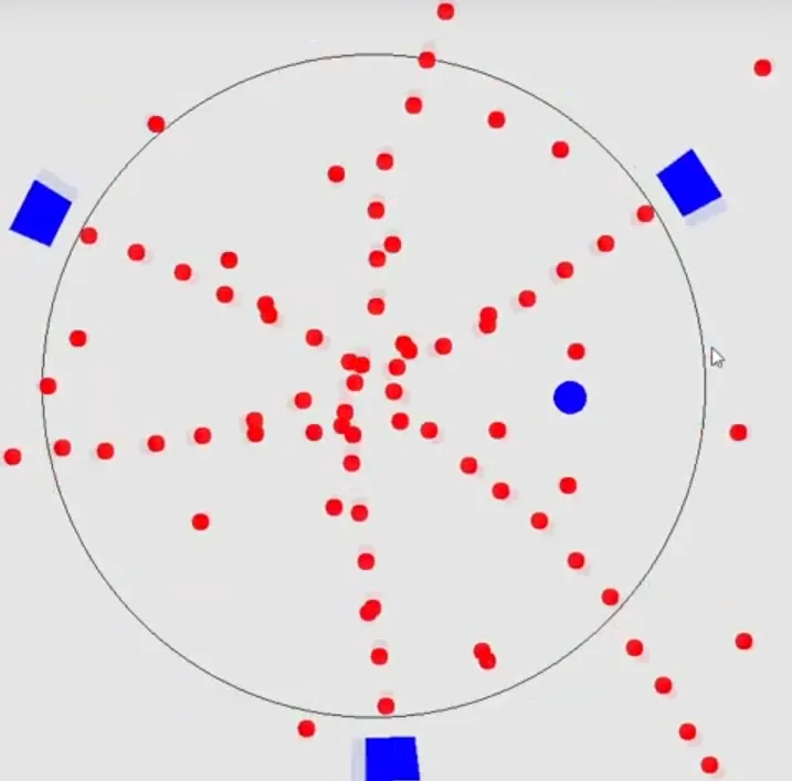 gameplay screenshot: the blue player circle dodging red bullets fired by turrets rotating around the arena