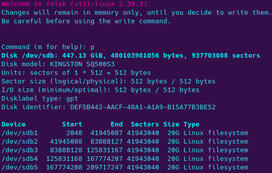 fdisk listing the five 20 GB partitions created on the Kingston SSD