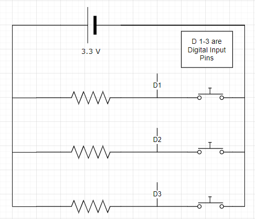 circuit diagram showing digital input wiring from the three pushbuttons
