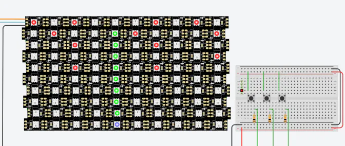 Tinkercad render of the full circuit: NeoPixel matrix mid-game beside a breadboard with three buttons and resistors