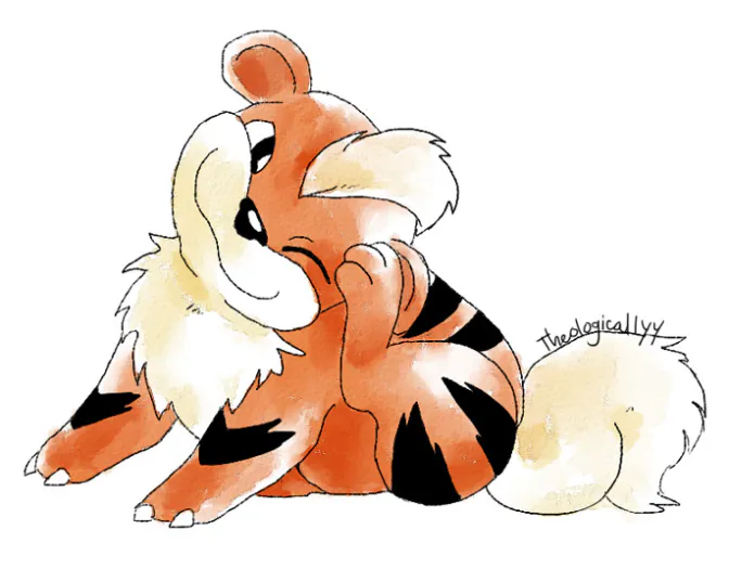 illustration of Growlithe, a dog-like Pokemon, washing its face