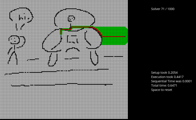visualizer stepping through solver 71 of 1000 with its path traced, alongside setup, execution, and total timings