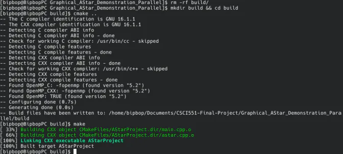 terminal showing cmake detecting OpenMP 5.2 and make linking the AStarProject executable
