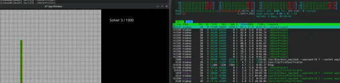 htop beside the running solver showing all twelve threads near full utilization