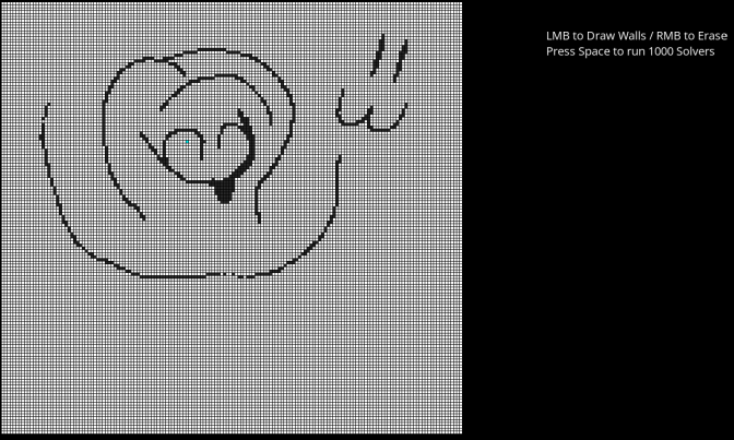 grid with hand-drawn walls and a prompt to press space to run 1000 solvers